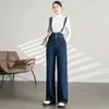 Pantalones de mezclilla con tirantes para mujer en otoño, pierna ancha, sueltos, novedad de 2023, cintura alta, adelgazante, pierna recta, pantalones con tirantes de estatura pequeña que reducen la edad