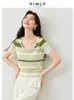 Débardeurs pour femmes Camis Vimly blanc vert rayé été à manches courtes T-shirt pour femmes 2024 haute tension ultra-mince tricoté cordon décontracté haut pour femme 30117 24326