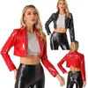 Womens Fashion Lapel Patent Leather Jacket Wet Look Long Sleeve Cropped Coat for Party Club Music Festival 240326