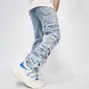 men Loose Straight Biker Jeans Stylish Stacked Spliced Ripped Trousers Streetwear Male Motorcycle Casual Denim Pants W88Z#