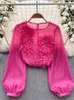 Bluzki damskie Singreiny Spring Loose Satin Satin Blouse Women O Neck Long Rleeves Sheer Bohemian Top 2024 Przezroczystość 3D Kwiatowa koszula