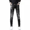 High Street 2022 Fi Casual Jeans déchirés Patch pour hommes Adolescents Cowboy Peinture Spl Encre Noir Crayon Pantalon Skinny Jeans Hommes e5GI #