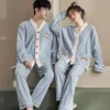 2024 New Spring Autumn Couple Pajamas Loose Casual Home Wear Men and Women V-neck Sleepwear Set Blue Solid Color Printed Pyjamas 68LX#