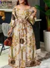 Vonda Bohemian Maxi Robe Women Printed Party Dress Sexy Off Off Off Long Lantern Sleeve Sundress Belted Vintage Vestidos 240320