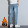 men Winter Thermal Jeans Snow Warm Stretch Straight N Leg Jeans Fleece Denim Lg Pants Fi Slim Fit Blue Gray Trousers S6ai#