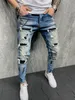 Mannen Slim-Fit HIP HOP Gescheurde jeans Man Geschilderd gedrukt Potlood Denim broek fi Patchwork Moto Biker Cowboy Bedelaar broek Mannen 62yu #