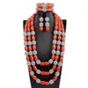 Fashion 3 Layers Long Women Necklace Earrings Bracelet Suit African Nigeria Wedding Artificial Coral Bead Jewelry Set Free Ship 240314