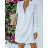 Women's Swimwear Womens solid color shirt dress with a lapel collar long sleeves loose style dress deep V-neck casual shopping clothes S/M/L/Xl 240326