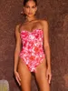 Roze Dames Bloemenprint Bikini Fashion Design Pool Party Strandvakantie Badpak En Lange Sluierjas Cover Up 2024