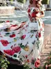Casual Dresses Summer Lady High Waist Print Maxi Dress Women Floral Party Club Ankle-Length Chic Slash Neck Slim Off Shoulder