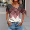 2024 Summer Casual Womens Top Femme Tshirt Short Sleeve Vneck Bottons Plaid Print T Shirt For Women Tops Tshirts 240320