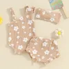 018M né infantile bébé filles vêtements ensembles sans manches fleur imprimé barboteuse shorts arc bandeau gaufre tenues vêtements d'été 240314