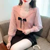 Women's Blouses 2024 Spring Sweet Simple Bow Knitwear Temperament Everything With Chiffon Long-sleeved Top