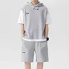 Men's Tracksuits Casual Two-piece Outfit Set Sport With Hooded Drawstring Top Elastic Waist Shorts Waffle For Active