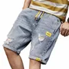 Men's Loose Five-piece Shorts Trousers Casual Elastic Waist Hole Stretch Korean Fi Denim Short Pants H4vs#