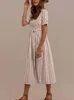 Cream Short Sleeve V Neck Natural Cotton Midi Dress With Pocket Casual Button ALine for Women 240321