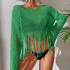 Women's T Shirts 2024 Hollow Out Crop Top Tassel Summer Y2K Long Sleeve Black Sexy Loose Beach O Neck Casual Cover Ups