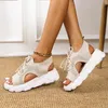 Sandalen mit Schnürung vorne und Ausschnitt, Plattform, sportlicher Stil für Damen, mit offenem Absatz, Mesh-Sommer-Damenschuhe