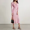 Womens pink knitted mediumlength dress senior sense of fashion temperament polo collar waistskimming long 2023 240323
