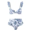 Kvinnors badkläder Bohemian Resort Style Böhmen Bikini Set With Ruffle Sleeve Bandeau Bra High midje Swim Floral Print Beach