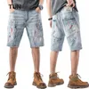 Été Denim Shorts Jeans Hommes Hip Hop Peinture Streetwear Ripped Short Jeans Mâle Patchwork Bleu Clair Stretch Jeans Longueur Au Genou w0io #