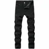 Pantalones vaqueros de mezclilla Diseño de agujeros Fi Laca Pie Pantalones casuales Estiramiento Regular Fit Negro Lg Hip Hop Nuevos cuatro mares para hombres Tallas grandes m95B #