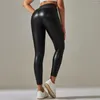 Leggings pour femmes mat en cuir synthétique taille haute élastique imitation pantalon jaune hanche levage sexy serré 2024