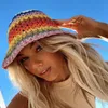 Chapeau tricoté à rayures colorées pour femmes printemps été crème solaire seau chapeaux filles doux casquette décontractée plage vacances paille 240320