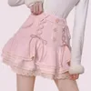 Spódnice houzhou kawaii lolita mini kobiety jesienne zimowe bajki japońskie słodkie bandaż z wysokiej talii koronkowa różowa warstwa wahania spódnica upuść de otws