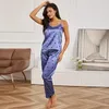 Frauen Pyjama Set Sexy V-ausschnitt Ärmelloses Cami Top und Lange Hosen Nachtwäsche Seide Satin Loungewear Weibliche Dessous Homewear 240326