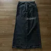 JNCOジーンズY2Kメンズヒップホップレトログラフィック刺繍バギージーンズブラックパンツ新しいハラジュクゴシックハイウエストワイドズボンE1GB＃