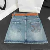 Jupe courte en denim trapèze avec ceinture pour femmes, coupe slim, taille haute, jupe enveloppée dans les fesses, SS7Y, été