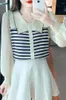 Women's Blouses 2024 Spring Korean Version Of Sweet Doll Striped Knitwear With Chiffon Long-sleeved Foreign Look Slim Top