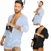 2024 Sexy Pyjama Jumpsuit Mannen Effen Kleur Strakke O-hals Lg Mouw Nachtkleding Zomer Een Stuk Butts Thuis Kleding Met shorts R89m #