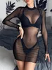 Casual klänningar se genom transparent ihålig klänning kvinnor hålig nack sexig bodycon club partywear smal stretchy solid mini