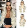 X-TRESS 30 Inch Blonde Front Ombre Body Wave Glueless Wig Middle Part Lace Frontal Pre Plucked for Women 13x4x1 Synthetic Wavy Wigs with Dark Roots