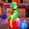 Chapeaux Dinosaure gonflable de Noël de 6 pieds avec chapeau, boîte-cadeau, décorations extérieures avec LED intégrées, cour pour décoration de pelouse de jardin de Noël