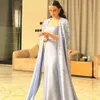 Dubai Sharon Satin Said Beaded Blue Evening Dresses For Women Elegant Wedding Party Long Cape Sleeve Mermaid Arabic Gowns