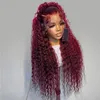 Perruque Lace Front wig synthétique bouclée et ample, rouge vin foncé, 13x4, sans colle, en Fiber résistante à la chaleur, naissance des cheveux naturelle, raie libre pour femmes