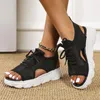 Sandalen mit Schnürung vorne und Ausschnitt, Plattform, sportlicher Stil für Damen, mit offenem Absatz, Mesh-Sommer-Damenschuhe