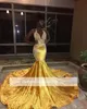 Yellow Velvet Long Mermaid Prom Dresses Black Girls' Halter Lace Appliques Backless Sweep Train Evening Gowns BC0829