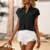 Camisetas para mujer, blusa de Color liso con cuello levantado y botones para mujer, blusas plisadas holgadas de manga corta, blusas elegantes para oficina para mujer