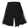 street Y2k Shorts Men's Striped Stitching Ripped Tassel Denim Shorts Trendy Fi Loose Wed Jeans Three-bar Raw Edge Pants 56rz#