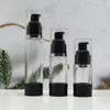 Aufbewahrungsflaschen, 30 ml, durchsichtige, schwarze Kunststoff-Airless-Flasche, Silberrand, Lotion/Emulsion/Serum/flüssige Grundierung/aufhellende Toner-Essenz-Verpackung