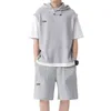 Men's Tracksuits Casual Two-piece Outfit Set Sport With Hooded Drawstring Top Elastic Waist Shorts Waffle For Active