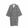 Herren 100% Cott Gaze Roben Japanische Kimo Robe Dreiviertel-Bademantel Schwarz V-Ausschnitt Nachtwäsche Wasser Wellen Druck Schlaf Tops g13M #