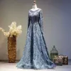 Zei Moslim Lange Sharon Blauwe Mouw Avondjurken Dubai Vrouwen Arabische Bruiloft Marokkaanse Kaftan Plus Size Gown Ss063