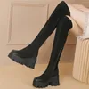 Botas Zapatos de plataforma cálidos de invierno Mujeres Cuero genuino Punta redonda Muslo Alto Tacones por encima de la rodilla Suela gruesa Bombas de fiesta