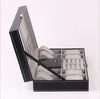 Uhrenboxen Schwarzes Leder Schmuck Aufbewahrungsbox Hüllen Halskette Ring Display Organizer mit Make-up-Spiegel Handgelenk Geschenk