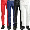 Idopy Qualité PU Hiver Ligne Sexy Rouge Slim Serré Mâle Pantalon Hommes Moto Noir Skinny Biker Pantalon En Cuir Jogger Bleu 83C3 #